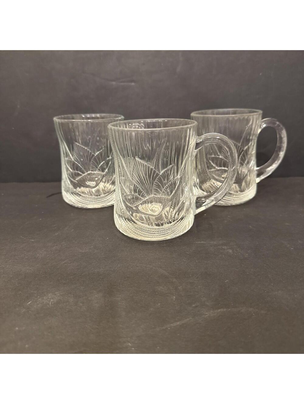Arcoroc Canterbury Crocus Flower Pattern Clear Glass Mugs Set Of 3